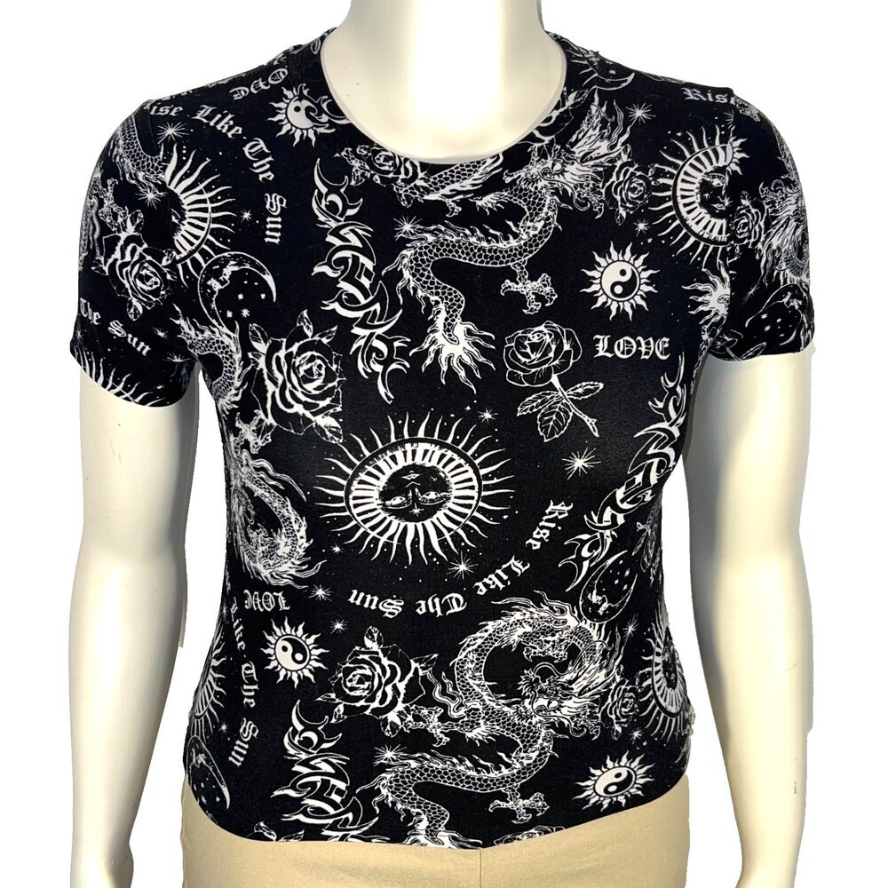 Streetwear Society‎ Tee Shirt Womens Juniors L Chinese Dragin Sun, Moon Graphic